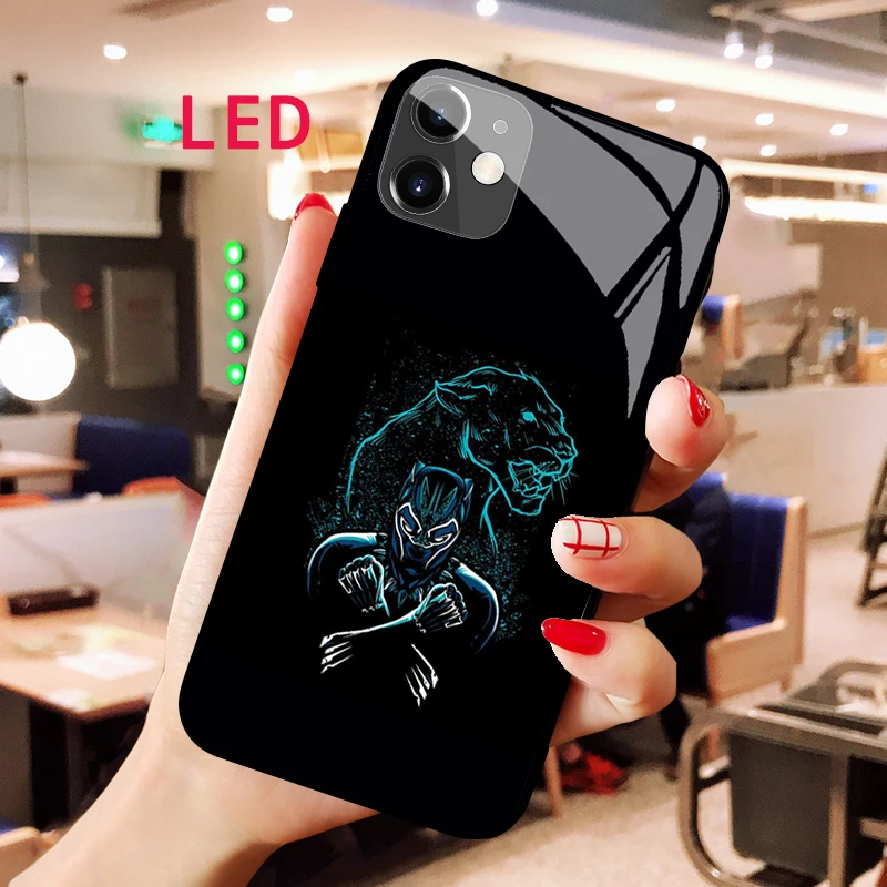 

Black Panther Luminous Tempered Glass phone case For Apple iphone 13 14 Pro Max Puls mini Luxury Fashion LED Backlight new cover