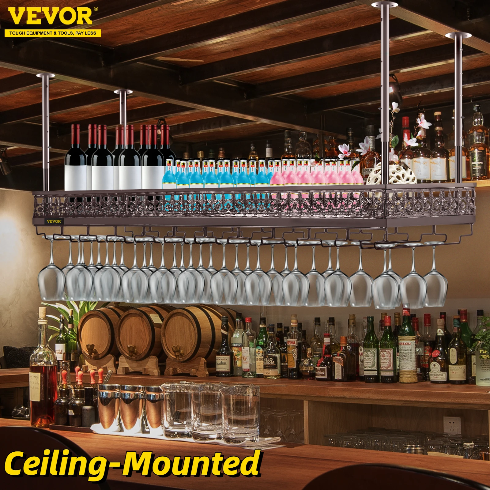 

VEVOR Ceiling-Mounted Wine Glass Rack Alloy Plating Hanging Bar Hanger Shelf Commercial Multifunctional Universal Goblet Holder
