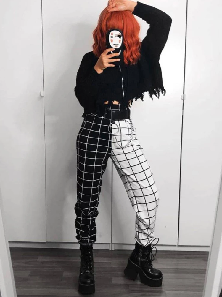 

Contrast Cargo Pant For Women Loose Hight Waist Plaid Jogging Trousers Sporty Pants Elasticity Sportpants 2022Summer