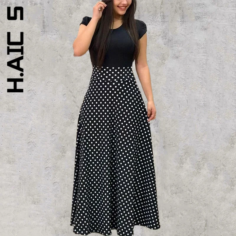 

H.Aic S Women Dress Fashion Short Sleeve O-Neck High Waist Robe Boho Beach Maxi Sundress Robe Cheap Vocation Style Female