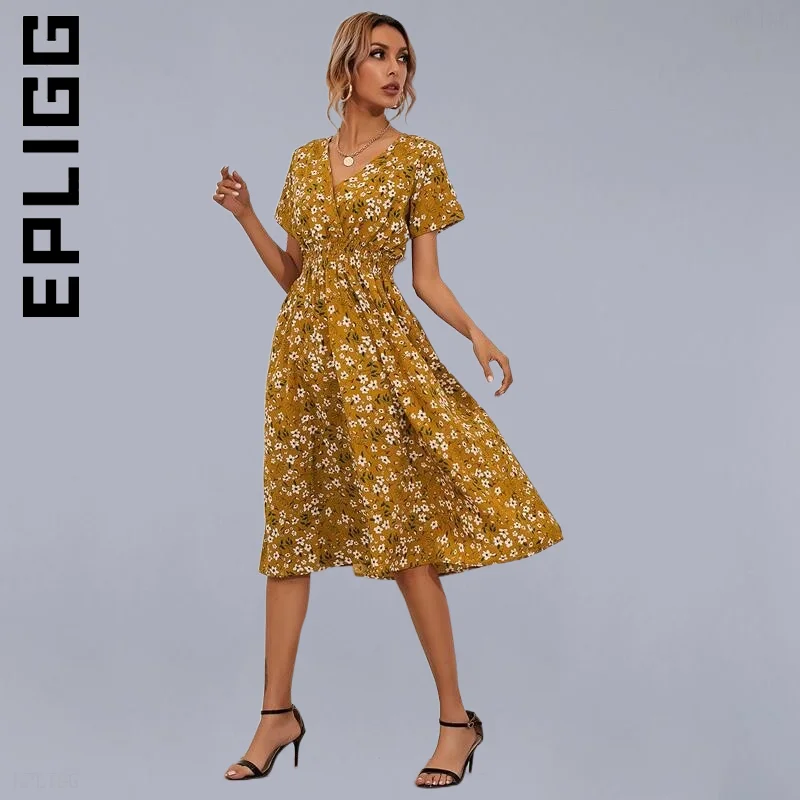 

Epligg New Women Dress Harajuku V-neck Short Sleeve Empire Waist A-Line Dress Sundress Club Basic Female Vestidos Woman Clothes