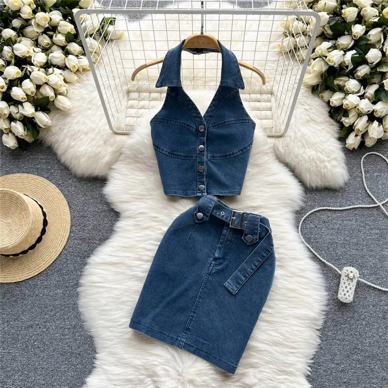 

Amolapha Women High Quality Denim Clothing Sets Halter Neck Single Breasted Sleeveless Tops+A-Line Skirts With Sashes Suits
