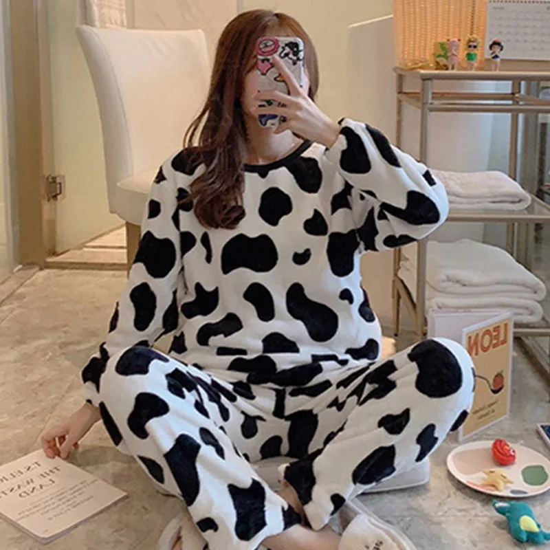 

Pajamas For Women Winter Flannel Warmth Sleepwear Cartoon Long-Sleeved Thick Coral Fleece Nightie Home Tops Plus Size Lingere