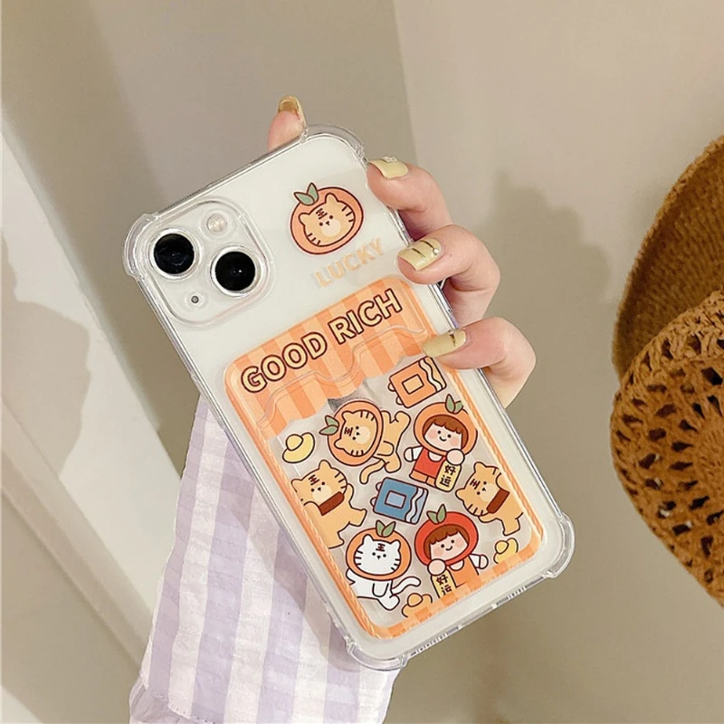 

For iPhone 13 11 12 Pro Max 7 8 Plus Cute Rich Orange Tiger Clear Cover For iPhone X XR XS Max Shockproof Card holder Phone Case