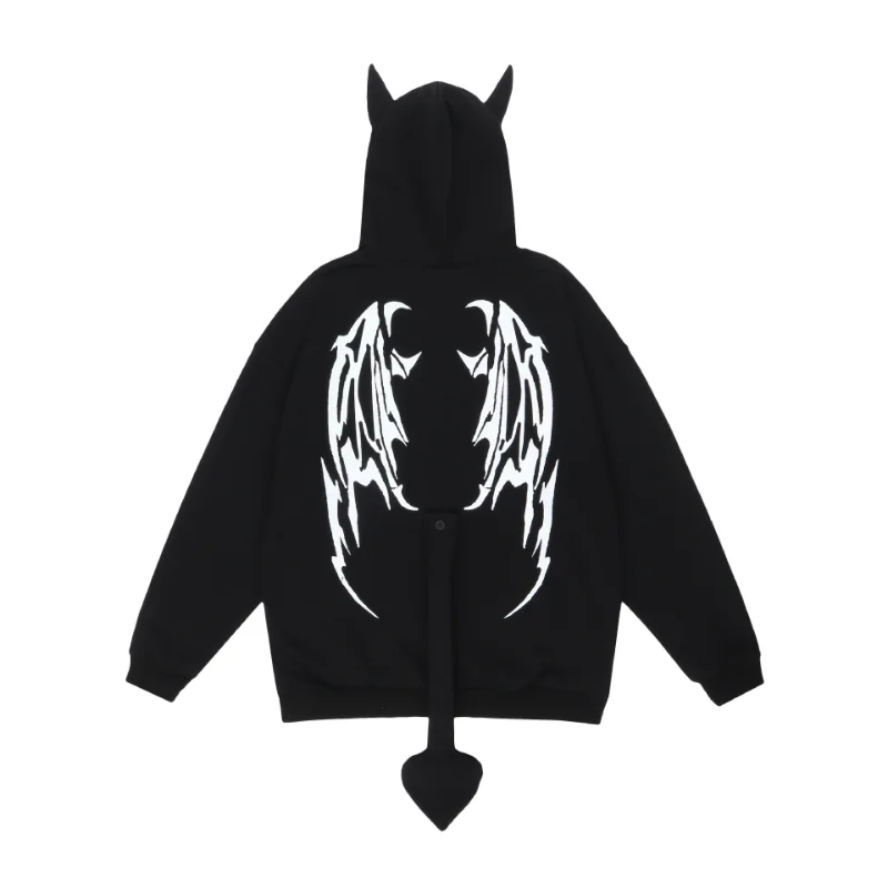 

Devil's Horns Letter Print Hooded Sweatshirt Men's Dark Long Sleeve Zipper Cardigan With Devil's Tail Wings Cotton Hoodie Couple