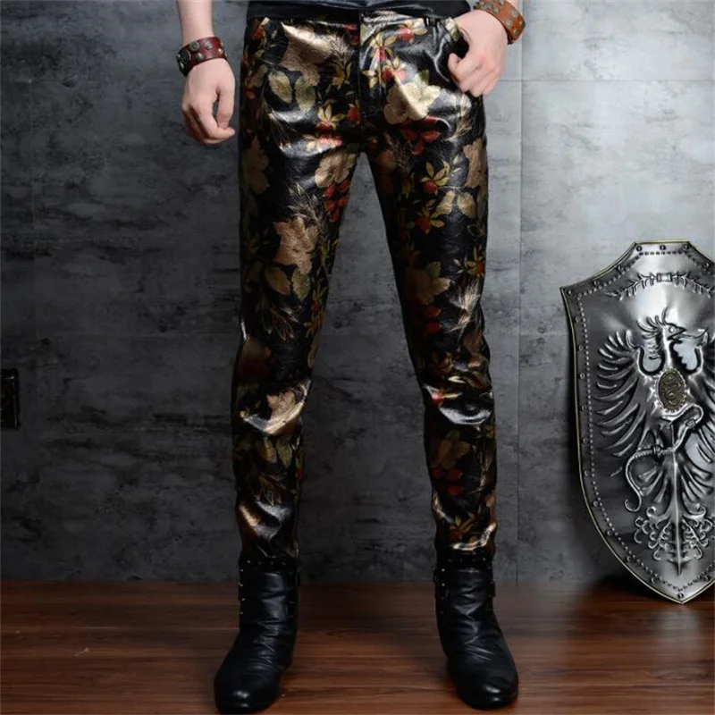 Personalized printed leather pants men's korean black gold slim pencil trousers nightclub hair stylist camouflage floral pant