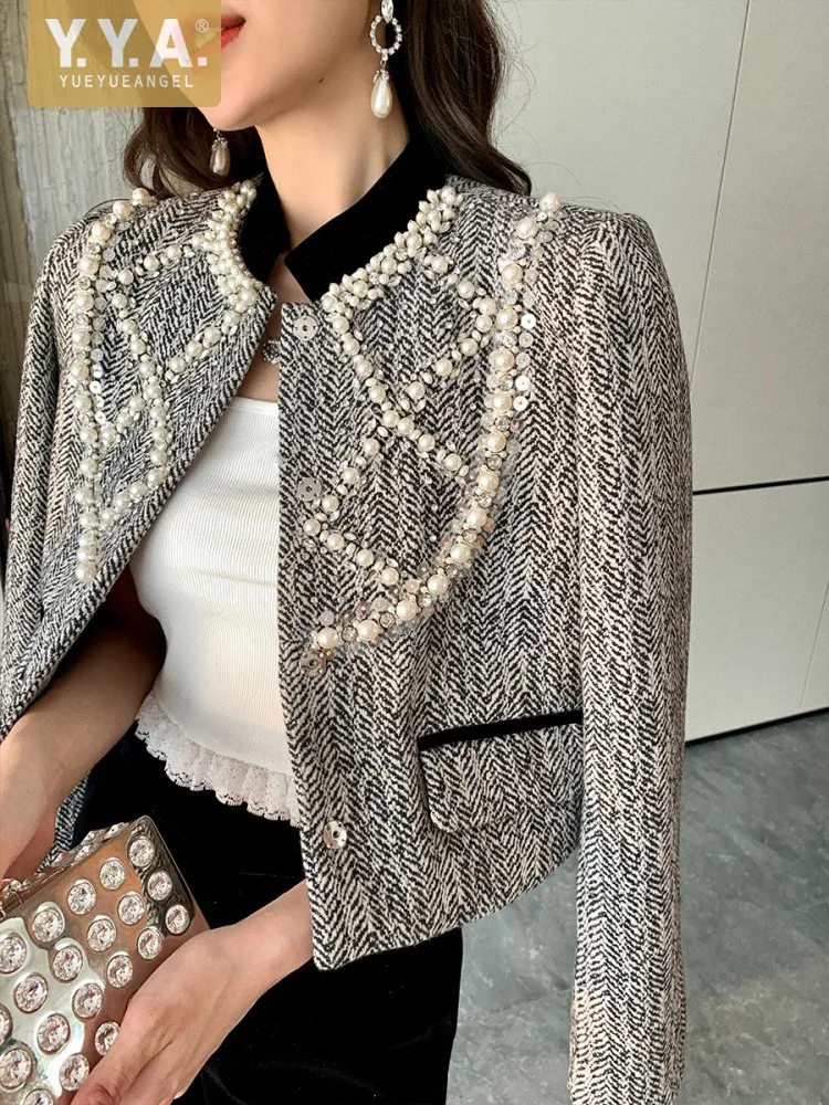 

Autumn Winter Office Ladies Elegant Woolen Short Coat Long Sleeve Pearls Diamonds Vintage Stand Collar Women Tweed Jacket Tops