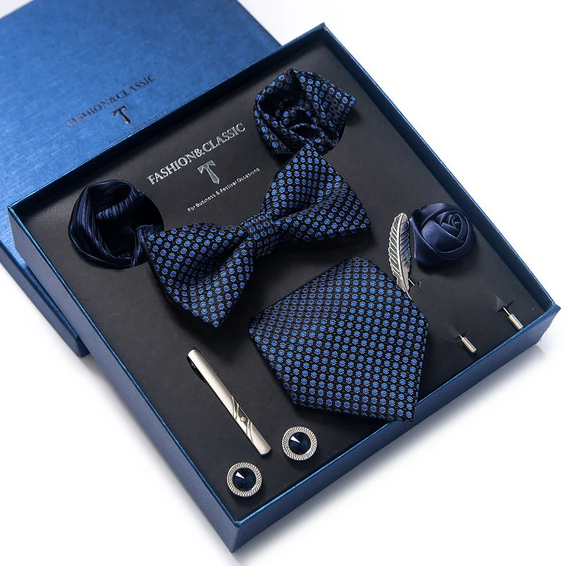 2022 New Style Classic Silk Wedding Gift Tie Pocket Squares Set Cufflinks Brooch Pin Necktie Box Men Solid Fit Festive Present