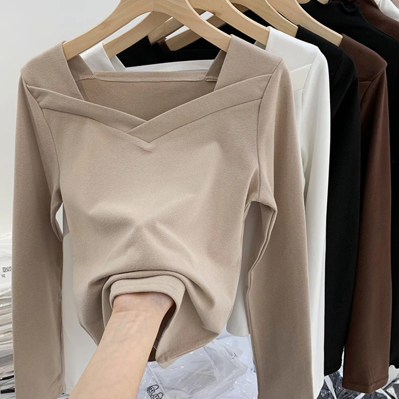 

Теплая футболка для женщин однотонная Флисовая теплая футболка с длинным рукавом женская футболка повседневные футболки Прямая поставка м...