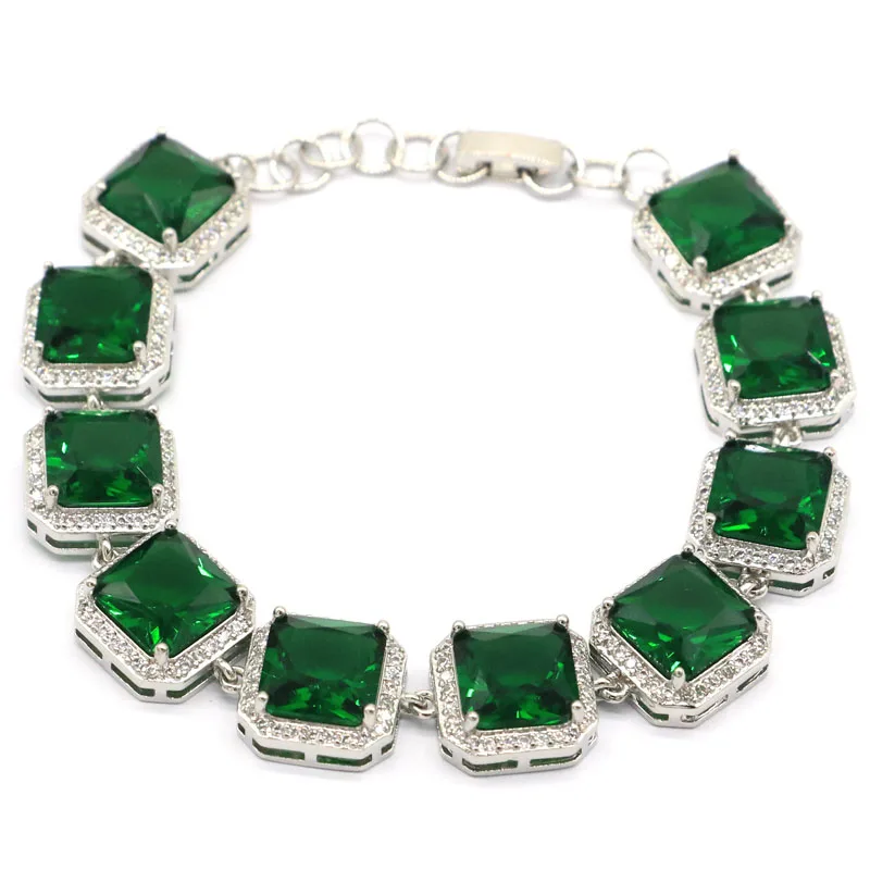 

13x13mm SheCrown Gorgeous Square 25.9g Green Emerald Purple Amethyst CZ Woman's Party Silver Bracelet 6.5-7.5inch