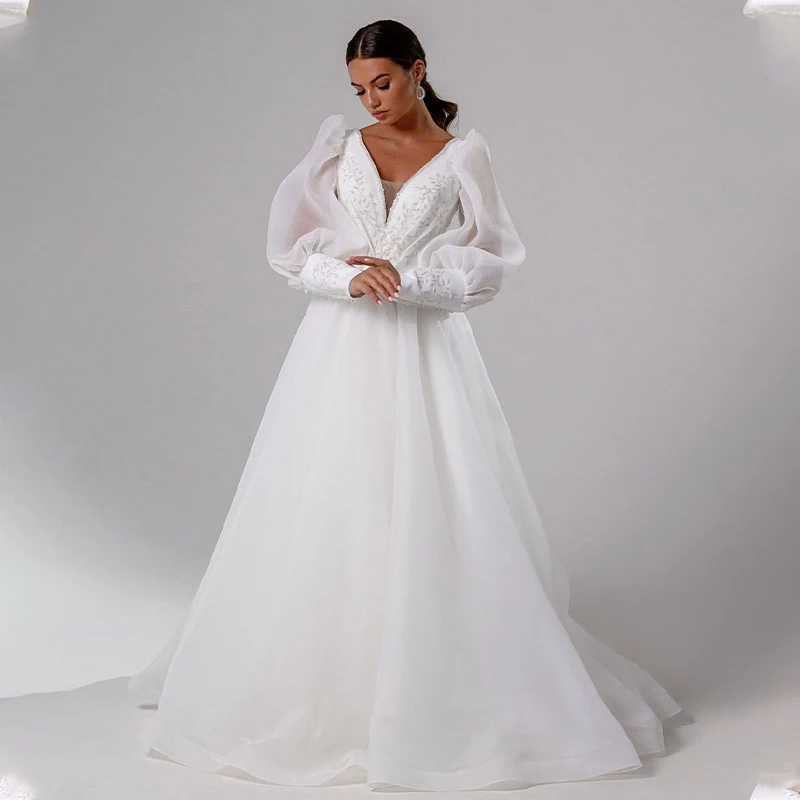 

Elegant Long Puff Sleeves V-neck Organza Wedding Dresses Lace Applique Formal Bridal Grown Vestido de Noiva 2023