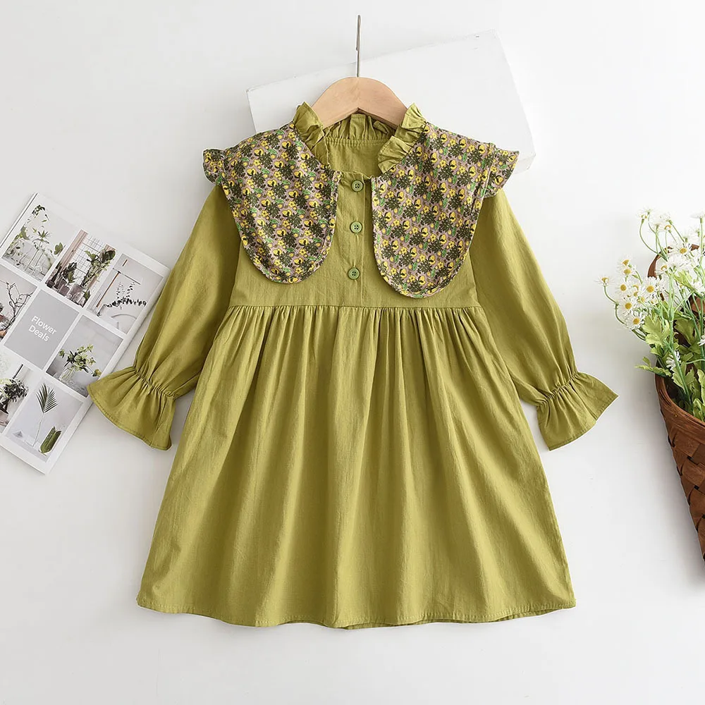 

Laura Kors 2023 Winter New Arrivals Girls Dress Long Sleeve Turn-down Collar Floral Green Sweet Baby Girls Dress Vestidos 18M-6T