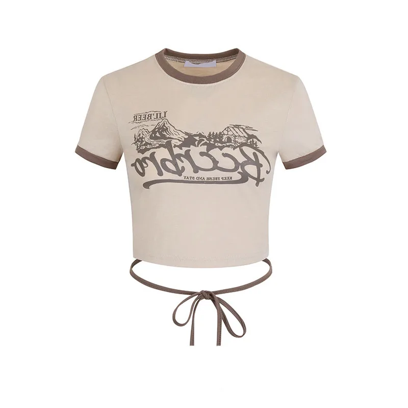 

Vintage T-shirt Women's Summer Spice Girl Bandage Waistless Short Plan Sense Of Niche Chic Short Top