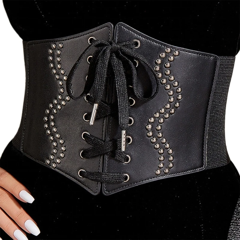 

Flexible Girls Broad Waist Belt PU Leathers Lace Up Embellished Metal Button Closure Women Wardrobes Must-have Piece T8NB