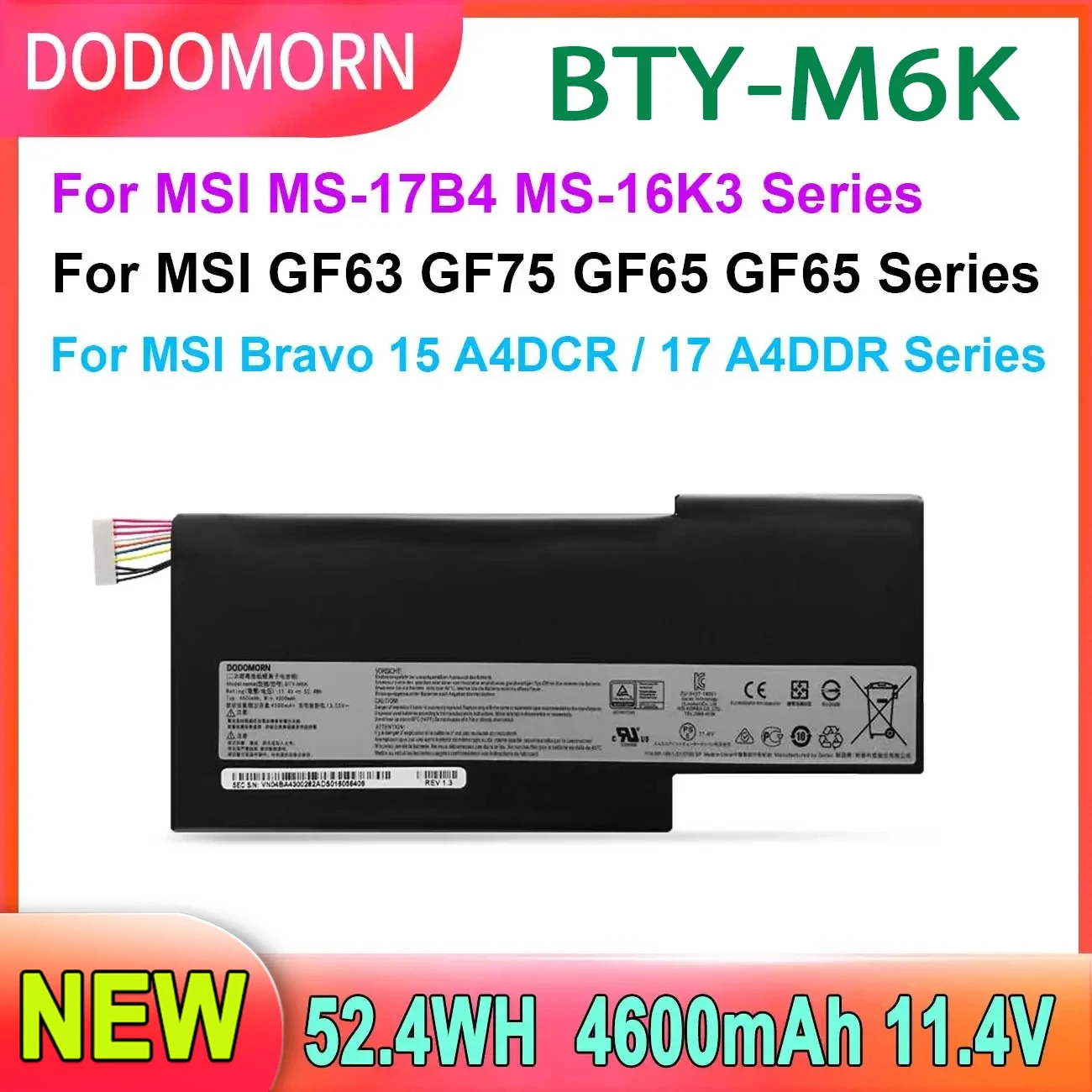 DODOMORN BTY-M6K Аккумулятор для ноутбука MSI MS-17B4/GF63 тонкий 8RC / 8RD 9SC GF75 3RD 8SC 8RX /9SC