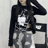 houzhou gothic punk long sleeve t shirts women y2k goth irregular black crop top harajuku graphic t shirts hip hop streetwear
