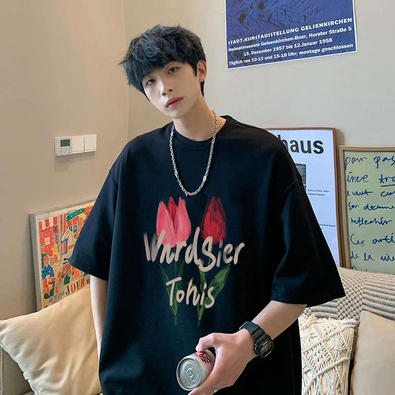 

Футболка с коротким рукавом тюльпан, мужская летняя дизайнерская футболка в американском стиле, модная универсальная тяжелая одежда