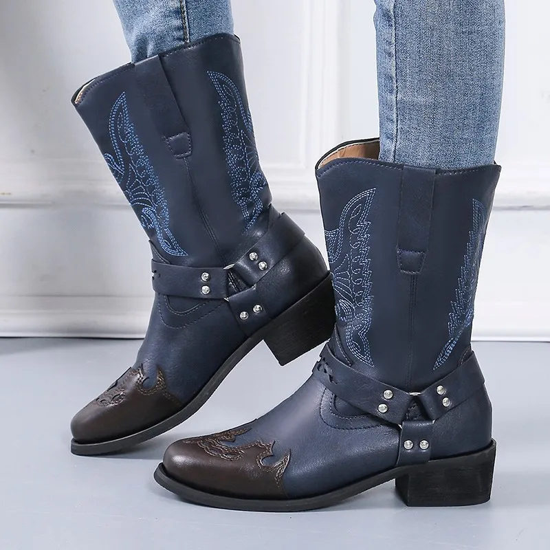 Female Embroider Low Heel Leather Cowboy Boots Stylish Women Western Boots Autumn Vintage Long Tube Knight Boot Boots Women