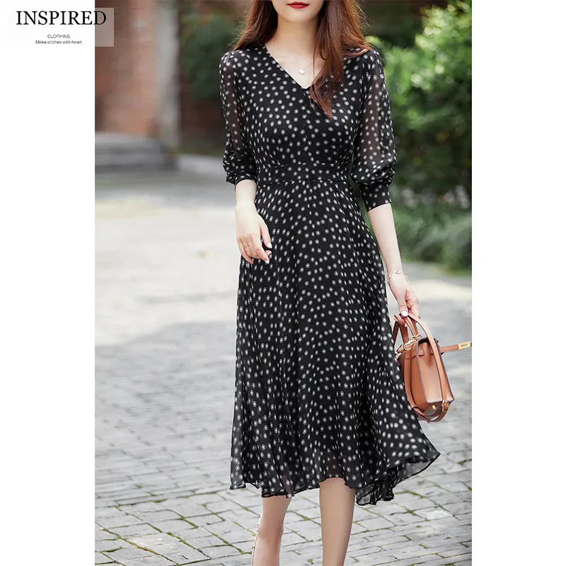 

Elegant Temperament Polka Dot V-neck Dresses Women 2022 New Fashion Gauze Mesh Medium Sleeve Lady Office Slim Mid-length Dress