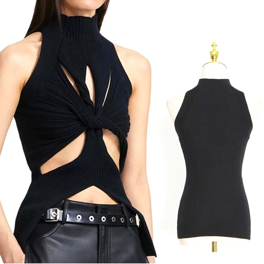 

Women Knitted Vest Front hollow Kink Design New irregular Hem Sleeveless High Collar Chinese Clothing Office T-shirt Dropshippin