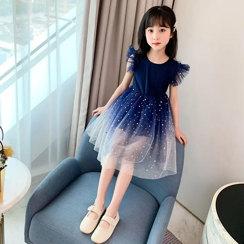 

Girls dress spring autumn summer new starry gradient short-sleeved princess skirt fluffy skirt