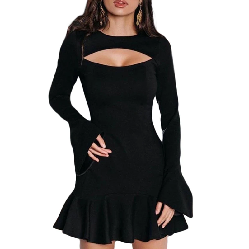 

Women Bodycon Dress Autumn Spring Flare Long Sleeve Cut Out Ruffle Hem Slim Stretch Mini Dress Sexy Party Club Wear Solid Color