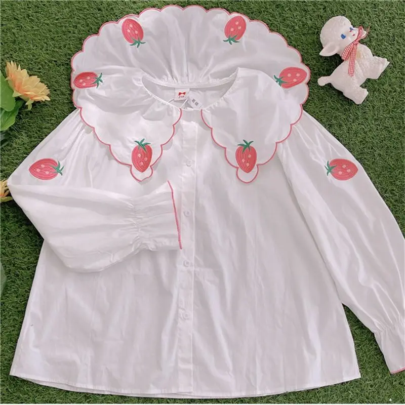 

Japanese Design Childlike Strawberry Embroidery Button Up Shirt Womens Tops Butterfly Sleeve Camisa Cuello Peter Pan Mujer 2023