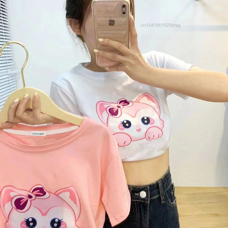 Summer Y2k Clothes Disney Linabell Glitter Cute Cartoon Pattern Short Sleeved T-shirt Women's Korean Style Casual Loose Top Girl