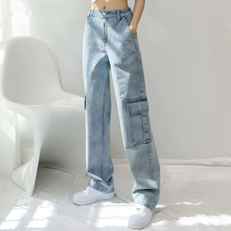 Blue All-match Jeans Woman Casual High Waisted Straight Slim Vintage Wide Leg Denim Pants with Pocket Cargo Pants Office Lady