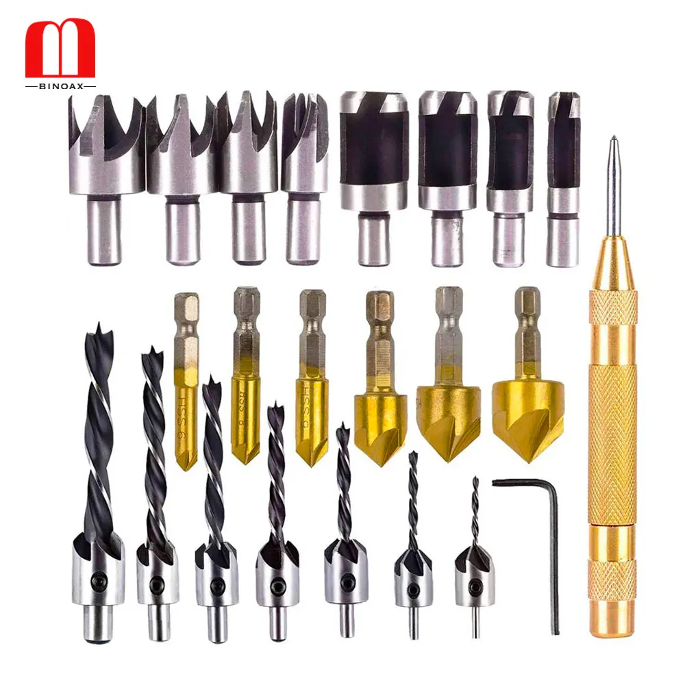

BINOAX 23Pcs Woodworking Chamfer Drilling Tool 5 Flute 90 Degree Countersink Drill Bits Wood Plug Cutter