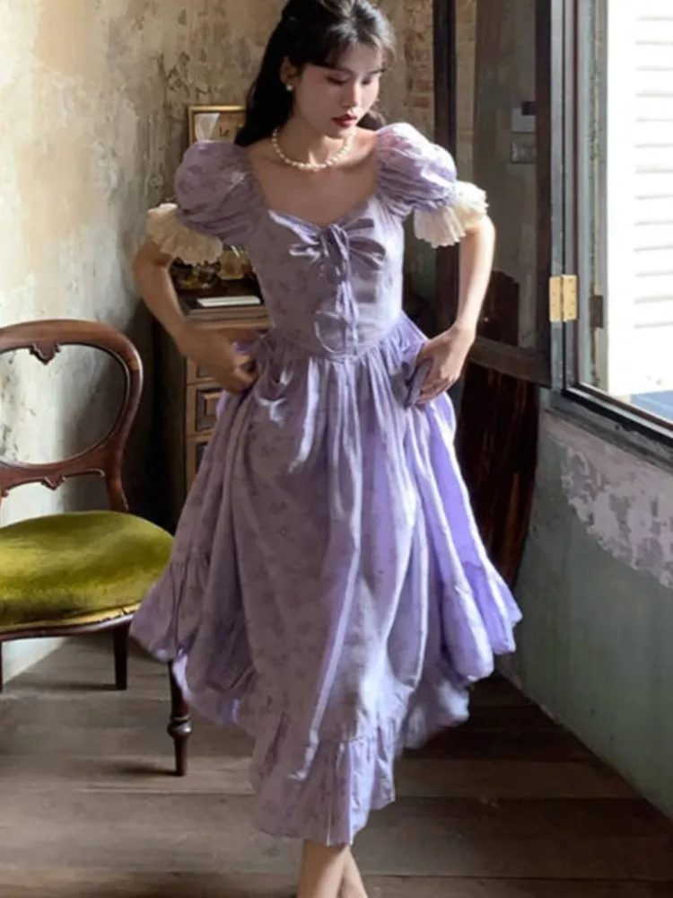 

France Elegant Vintage Lace Puff Sleeve Princess Dress Woman Summer Floral Ruffles Evening Party Vestidos Ladies Slim Clothes
