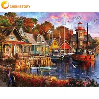 chenistory 40x50cm frame diy painting by numbers seaside house scenery wall art picture unique gift acrylic paint by numbers hom