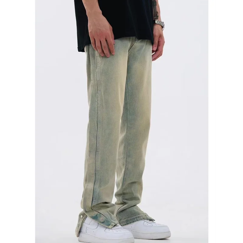 Men Clothing New Pattern Recreational Vintage Broad Leg Yellow Mud Dyeing Jeans Straight Cylinder Loose Cargo Pants Autumn Women