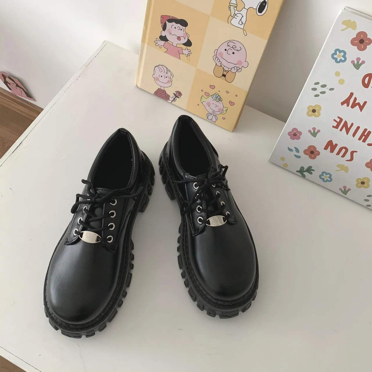 

Classic Black Platform Oxford Shoes for Women Spring Autumn Casual Lace Up Flats Woman Fashion Non-slip PU Leather Shoes
