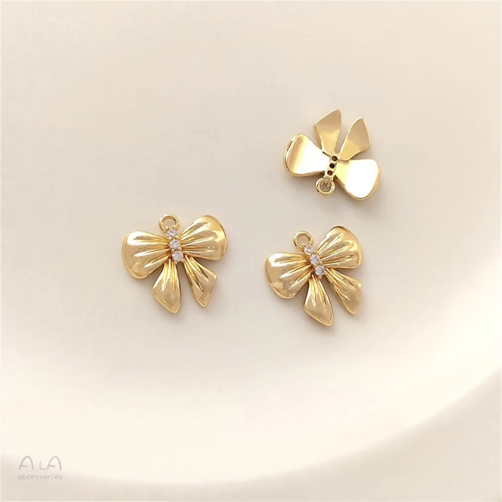 14-каратное золотого цвета с цирконом подвеска бантом и рюшами одинарный кулон