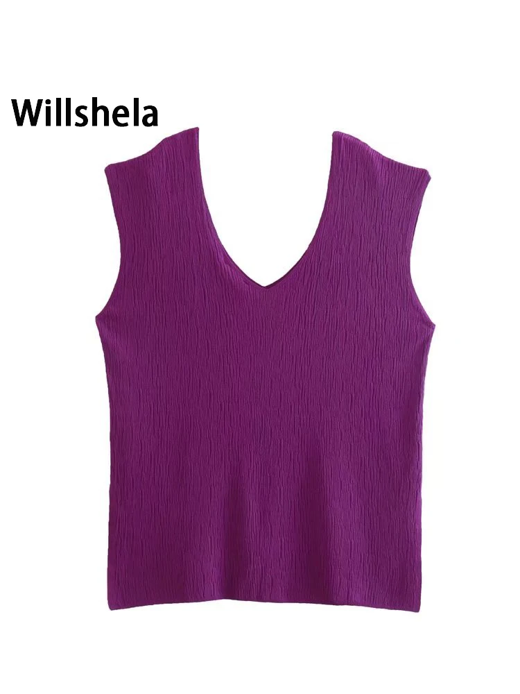

Willshela Women Fashion Texture Solid Knitted Tank Tops Vintage Sleeveless V-Neck Female Chic Lady Top
