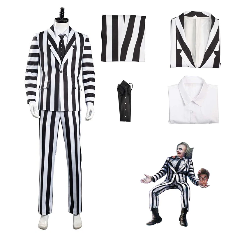 

Beetlejuice Adam Cosplay Costume Men Black and White Striped Suit Jacket Shirt Pants Outfits Full Set Halloween Carnival Suits