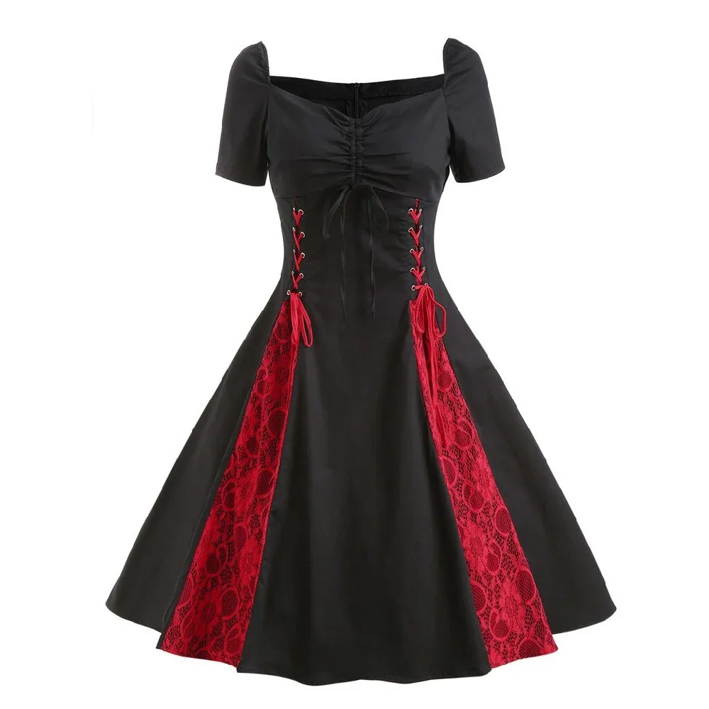 

New Women Short Sleeve Gothic Lace Rockabilly Evening Prom Swing Punk Dress Vocation Sundresses Bandage