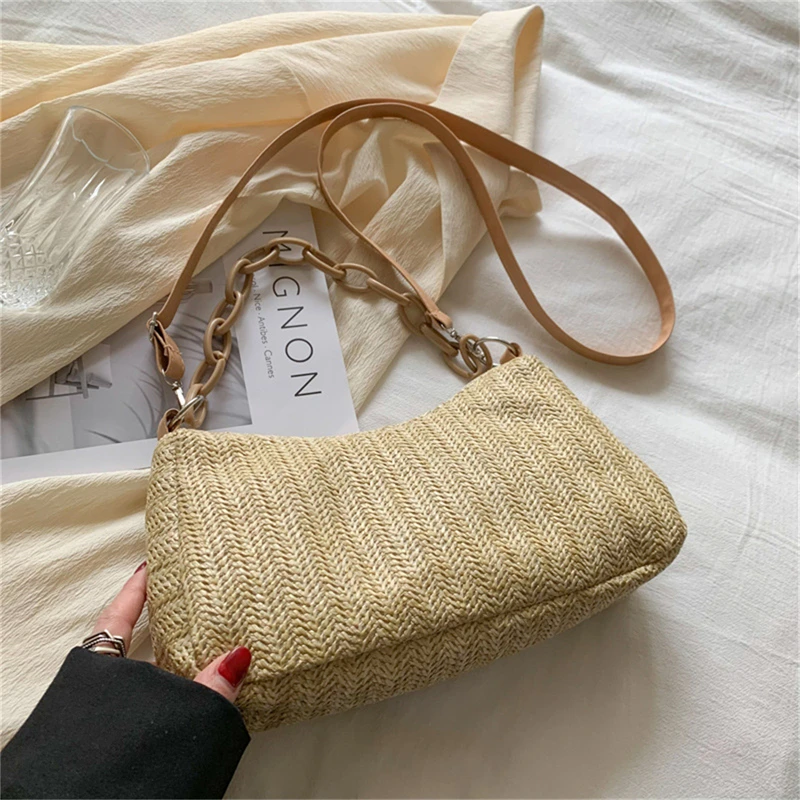 

2023 Female Bag Fashion Women Straw Woven Shoulder Bag Gold Chain Handbag Purse Summer Casual Messenger Crossbody Satchel Bags