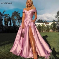 elegant pink v neck satin long night prom dresses 2022 off the shoulder side split with pocket floor length party evening gowns