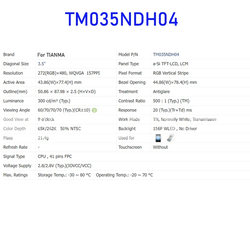 TM035NDH04 3 5-дюймовый TFT ЖК-экран оригинальная панель для TIANMA 41-контактный FPC и 100%