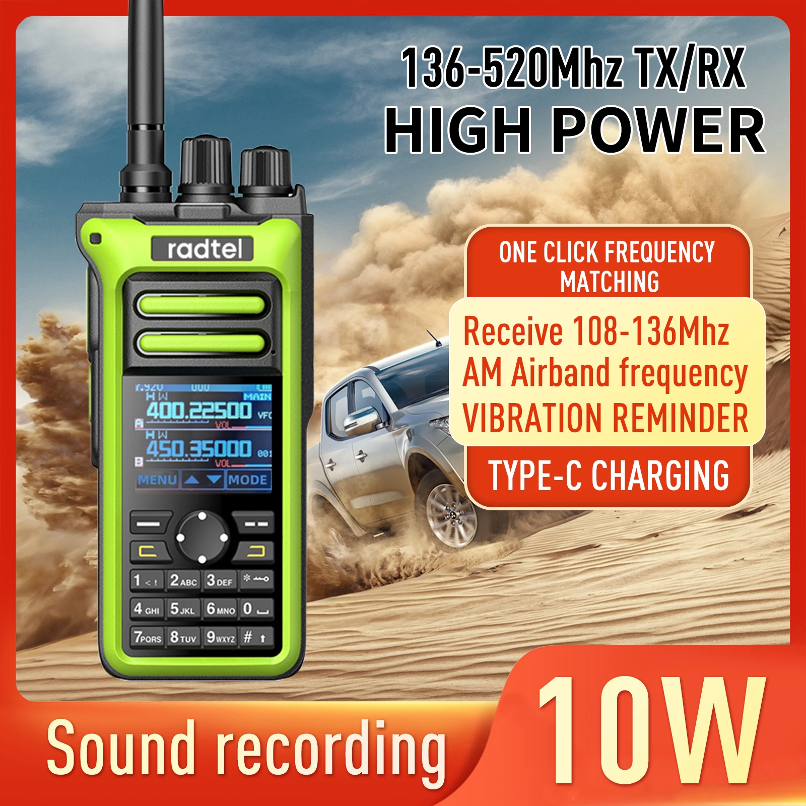 Radtel RT-752 10 Вт Air Band Walkie Talkie Полнодиапазонная любительская ветчина 250CH HT USB-C Батарея