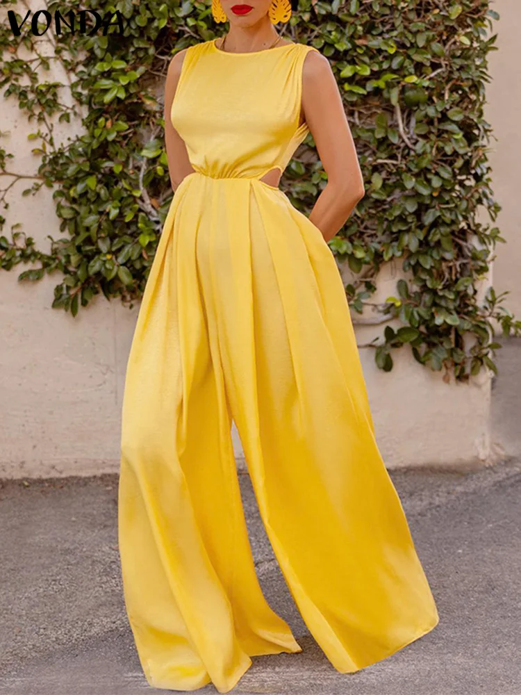 

Women Fashion High Waist Long Jumpsuits VONDA 2022 Sexy Sleeveless Summer Playsuits Elegant Satin Hollow Solid Wide Leg Pantalon