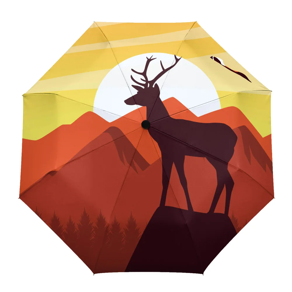 

Deer Silhouette Sunset Parasol Umbrella for Outdoor Automatic Eight Strands Rain Umbrella Adults Female Shade Umbrellas