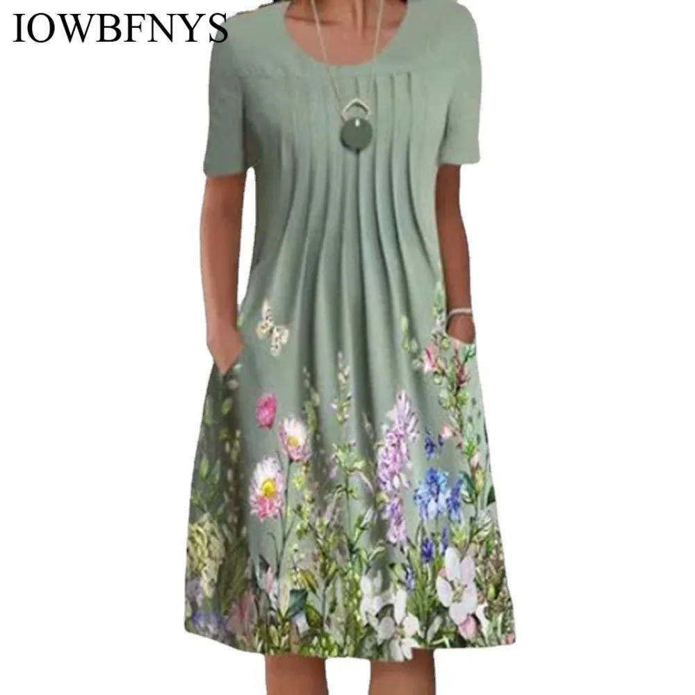 

Loose Summer Dress Women 2022 Floral Print Crew Neck Pullover Women's Pocket Knee-length Short Sleeve Dress Casual Midi Dress
