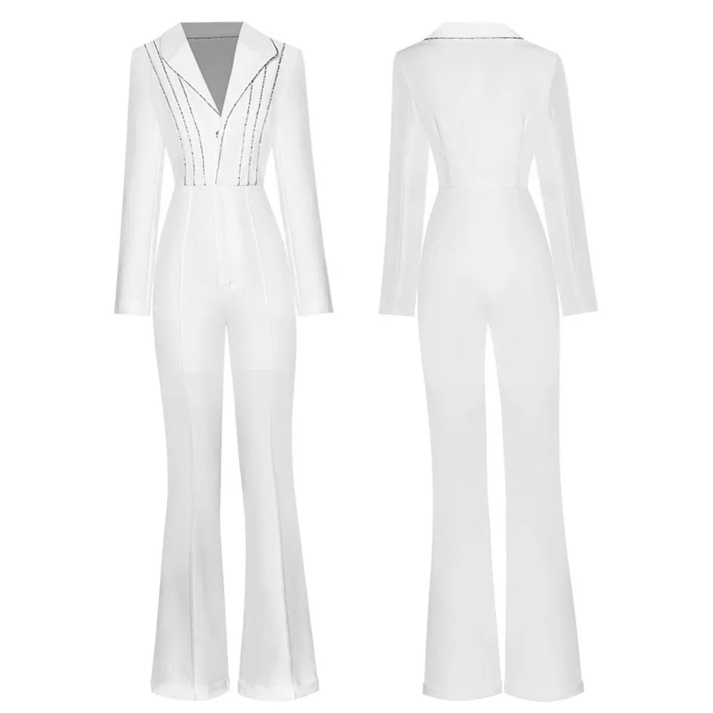 Women's Two Piece Suit Jumpsuit Single Button Beading Office Business Suit For Wedding Party Big Leg Slim Fit Suit Set