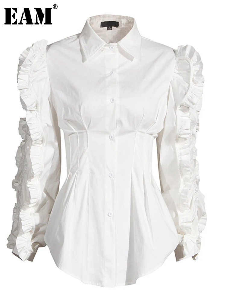 

[EAM] Женская белая блузка с оборками и разрезом, новая свободная рубашка с отворотом и длинным рукавом, модная весенне-осенняя 2022 1DA247