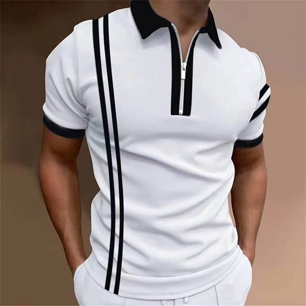 

Simple Men'S Zip Polo Stripes Lapel Polo Shirts Man Golf Shirts 3d Graphic Geometry Turndown Short Sleeves Zipper Clothing Tops