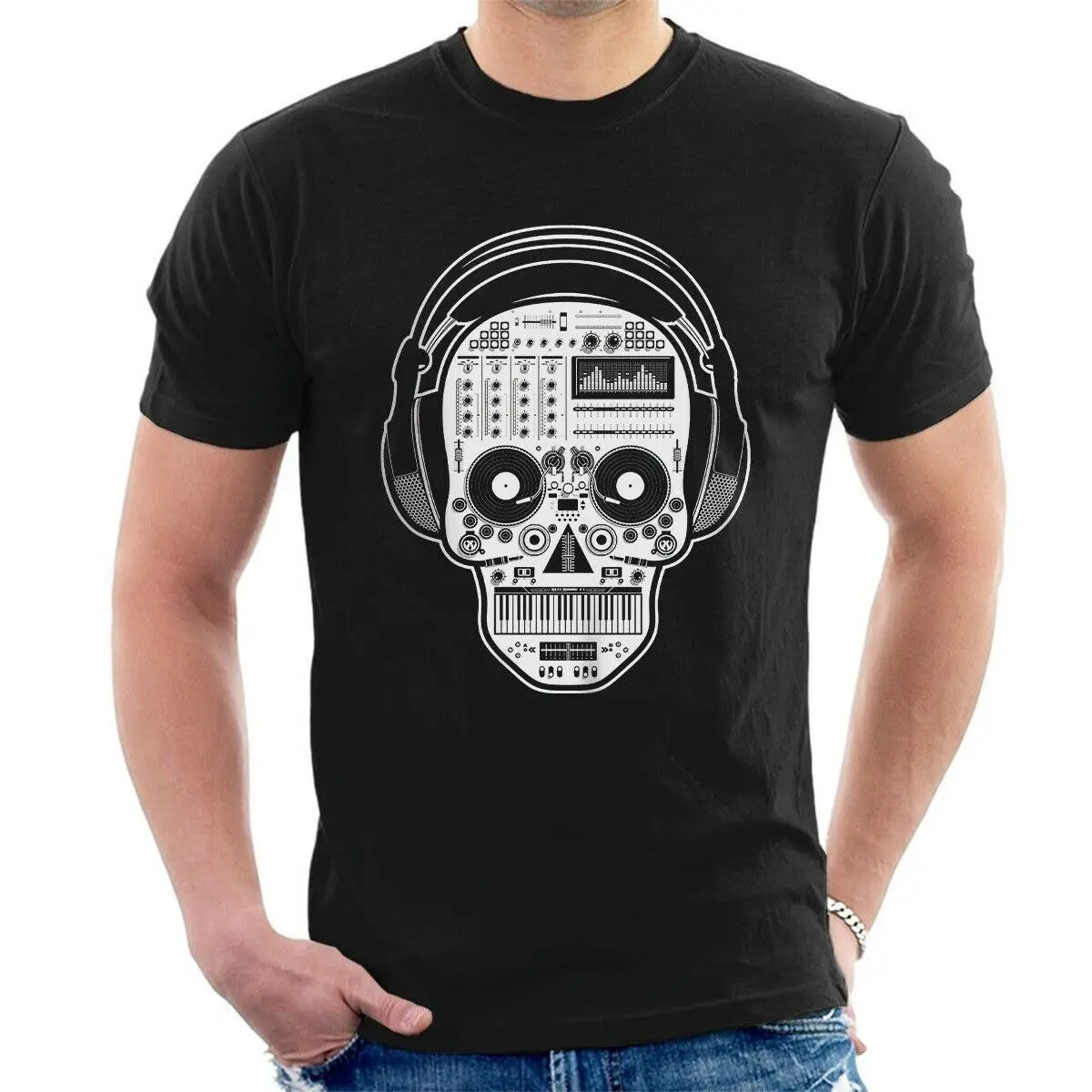 

Skull Synthesizer DJ Party Mens T-Shirt. Summer Cotton Short Sleeve O-Neck Unisex T Shirt New S-3XL