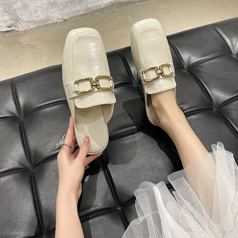 

Metal Button Suede Women Flat Shoes Black Slip-on Half Slipper 2022 Loafers Lady Casual Walk Shoes Woman Shoes Summer Leather